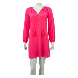 Lilly Pulitzer Women Roslyn Tunic Dress XS Tropical Pink 100% Silk V-Neck Tassel